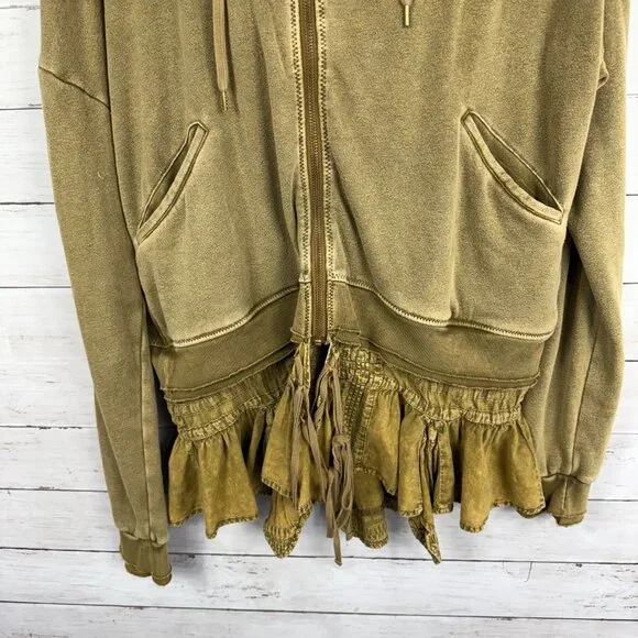 Free People Olive Green Frilly Zip Up Hoodie - Picture 3 of 4